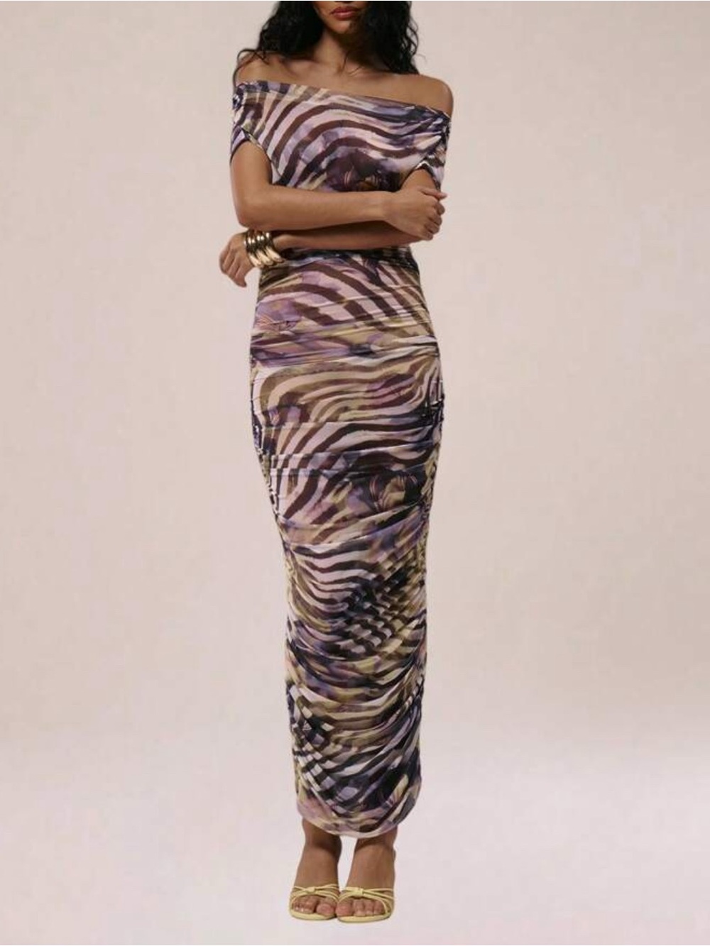 Off-Shoulder Abstract Zebra-Print Maxi Dress in Purple and Taupe